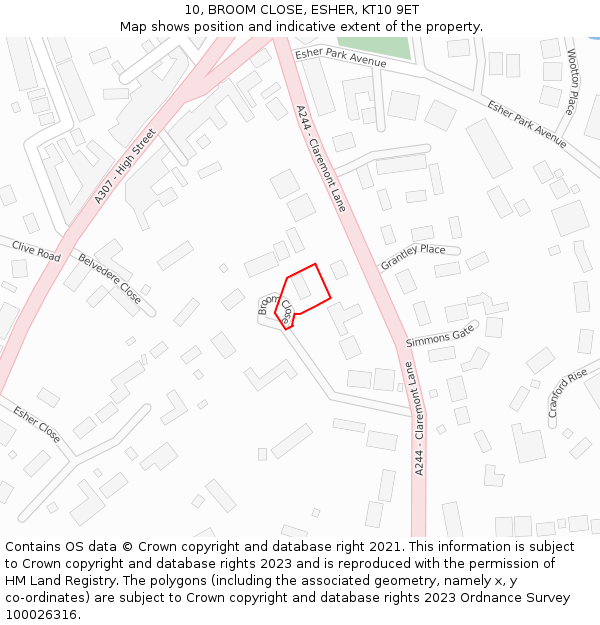 10, BROOM CLOSE, ESHER, KT10 9ET: Location map and indicative extent of plot