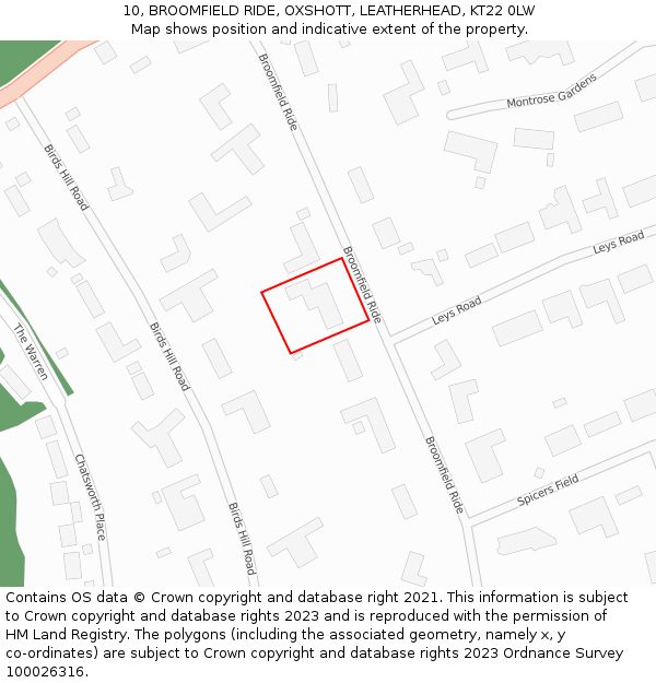 10, BROOMFIELD RIDE, OXSHOTT, LEATHERHEAD, KT22 0LW: Location map and indicative extent of plot