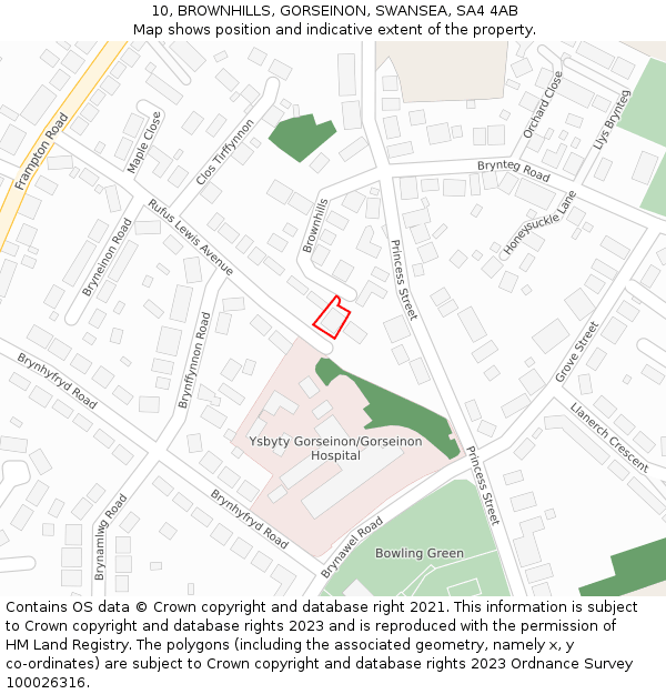 10, BROWNHILLS, GORSEINON, SWANSEA, SA4 4AB: Location map and indicative extent of plot