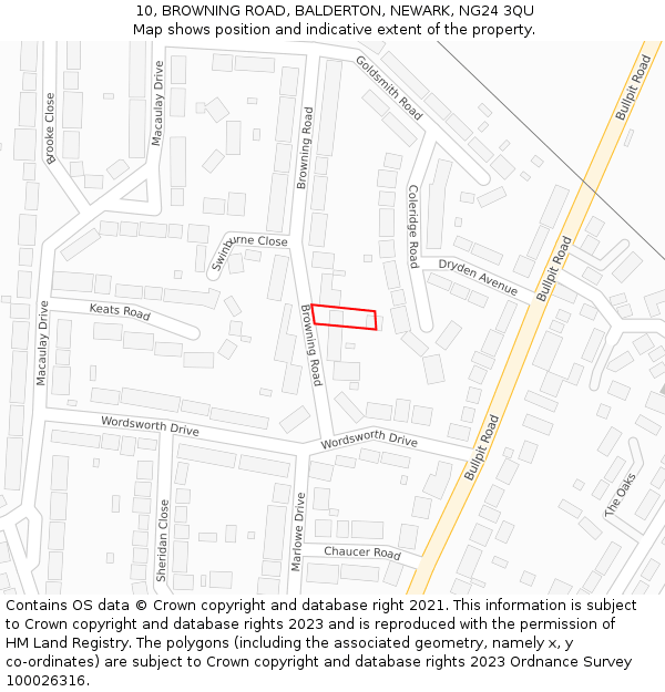 10, BROWNING ROAD, BALDERTON, NEWARK, NG24 3QU: Location map and indicative extent of plot
