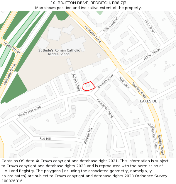 10, BRUETON DRIVE, REDDITCH, B98 7JB: Location map and indicative extent of plot