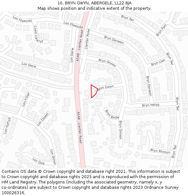 10, BRYN GWYN, ABERGELE, LL22 8JA: Location map and indicative extent of plot