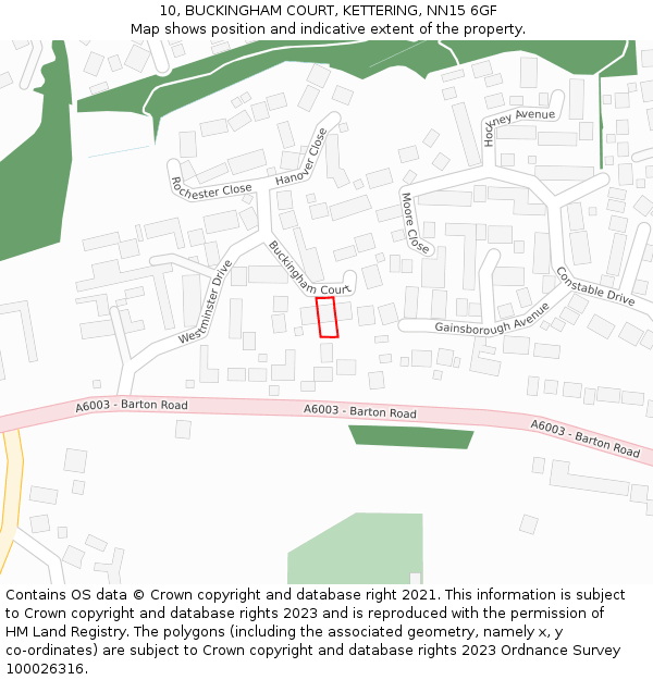 10, BUCKINGHAM COURT, KETTERING, NN15 6GF: Location map and indicative extent of plot