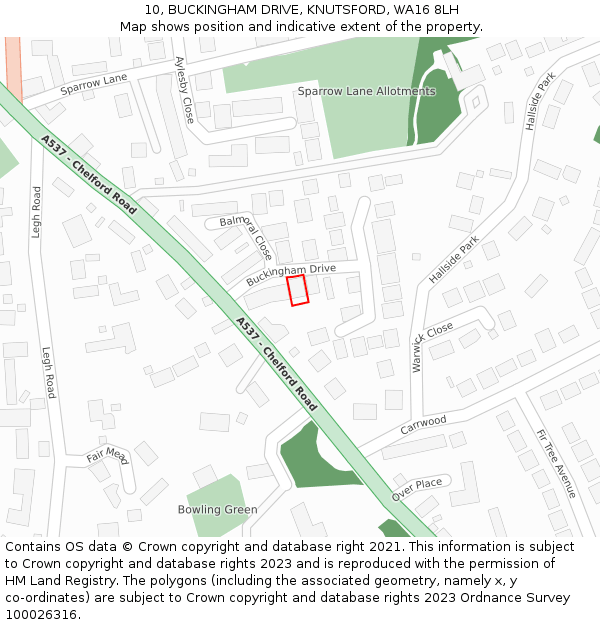 10, BUCKINGHAM DRIVE, KNUTSFORD, WA16 8LH: Location map and indicative extent of plot