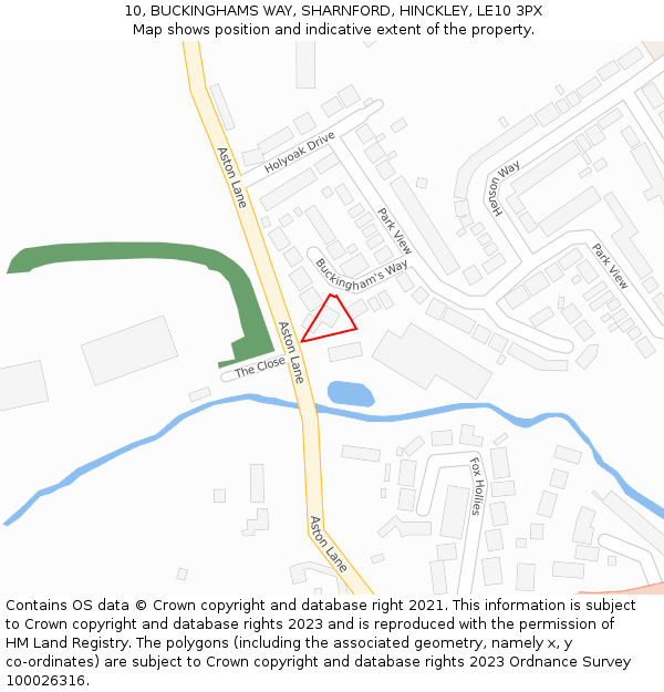 10, BUCKINGHAMS WAY, SHARNFORD, HINCKLEY, LE10 3PX: Location map and indicative extent of plot