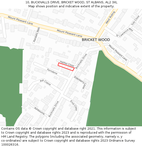 10, BUCKNALLS DRIVE, BRICKET WOOD, ST ALBANS, AL2 3XL: Location map and indicative extent of plot