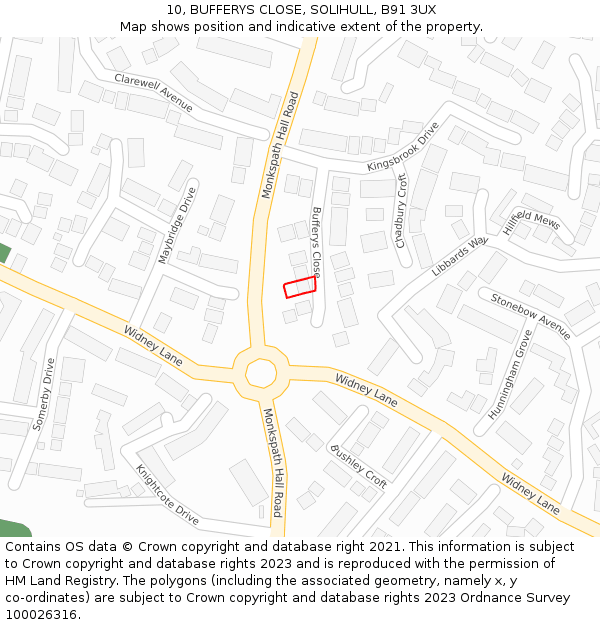 10, BUFFERYS CLOSE, SOLIHULL, B91 3UX: Location map and indicative extent of plot