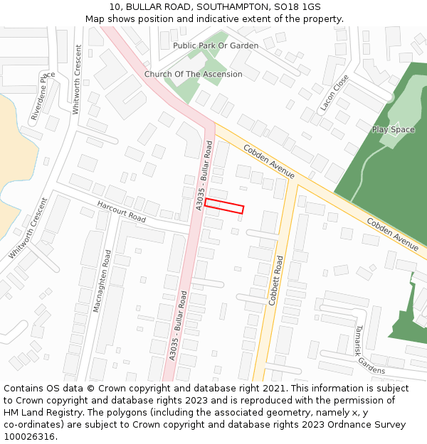 10, BULLAR ROAD, SOUTHAMPTON, SO18 1GS: Location map and indicative extent of plot
