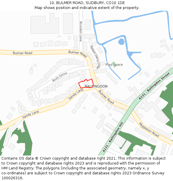 10, BULMER ROAD, SUDBURY, CO10 1DE: Location map and indicative extent of plot