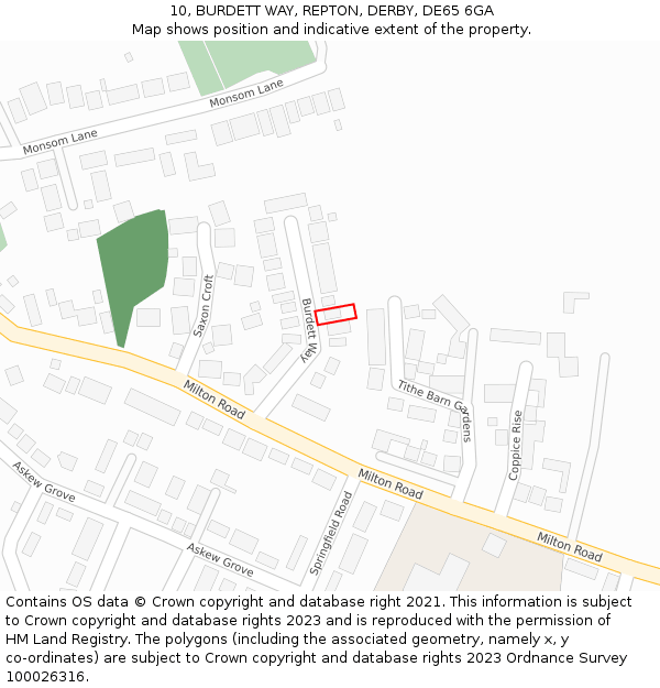 10, BURDETT WAY, REPTON, DERBY, DE65 6GA: Location map and indicative extent of plot