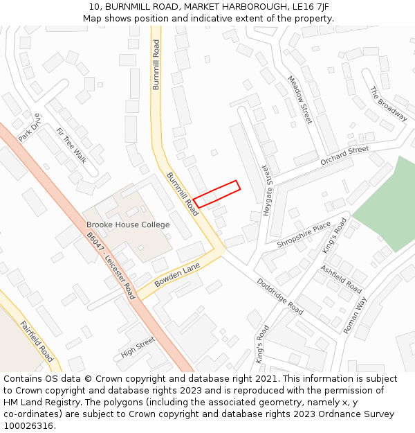 10, BURNMILL ROAD, MARKET HARBOROUGH, LE16 7JF: Location map and indicative extent of plot