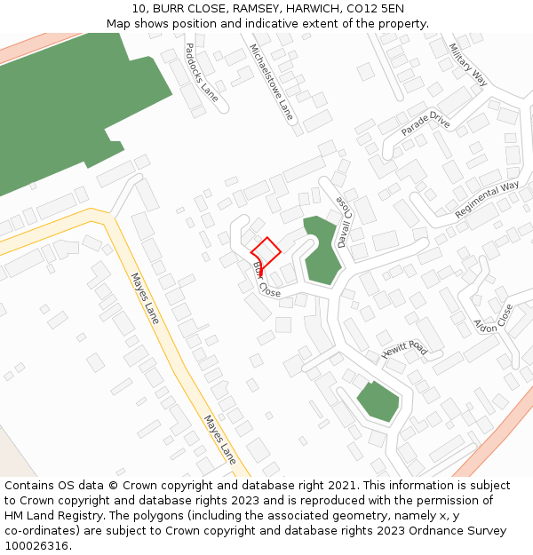 10, BURR CLOSE, RAMSEY, HARWICH, CO12 5EN: Location map and indicative extent of plot