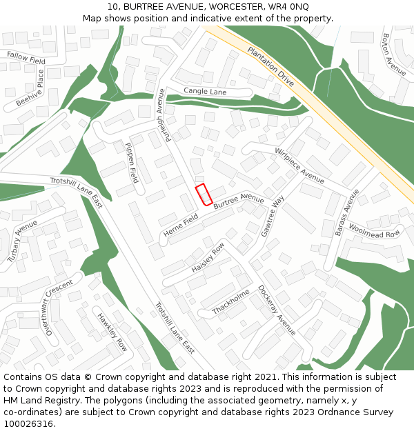 10, BURTREE AVENUE, WORCESTER, WR4 0NQ: Location map and indicative extent of plot