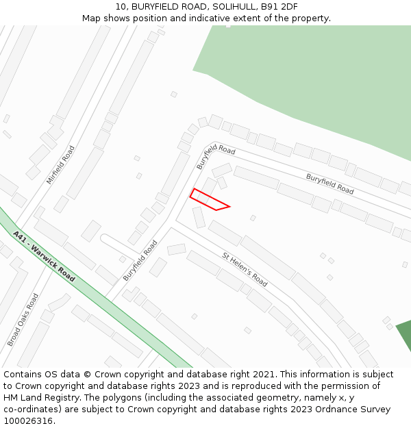 10, BURYFIELD ROAD, SOLIHULL, B91 2DF: Location map and indicative extent of plot
