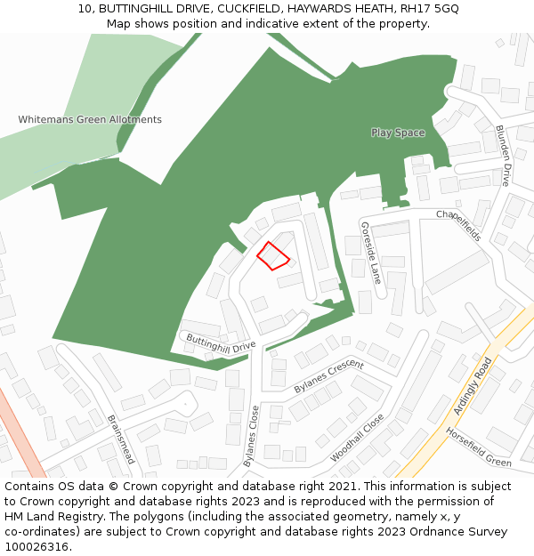 10, BUTTINGHILL DRIVE, CUCKFIELD, HAYWARDS HEATH, RH17 5GQ: Location map and indicative extent of plot