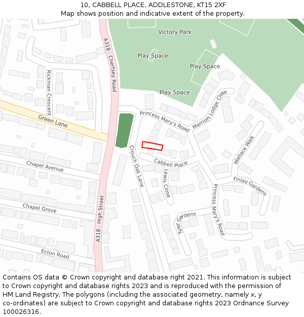 10, CABBELL PLACE, ADDLESTONE, KT15 2XF: Location map and indicative extent of plot