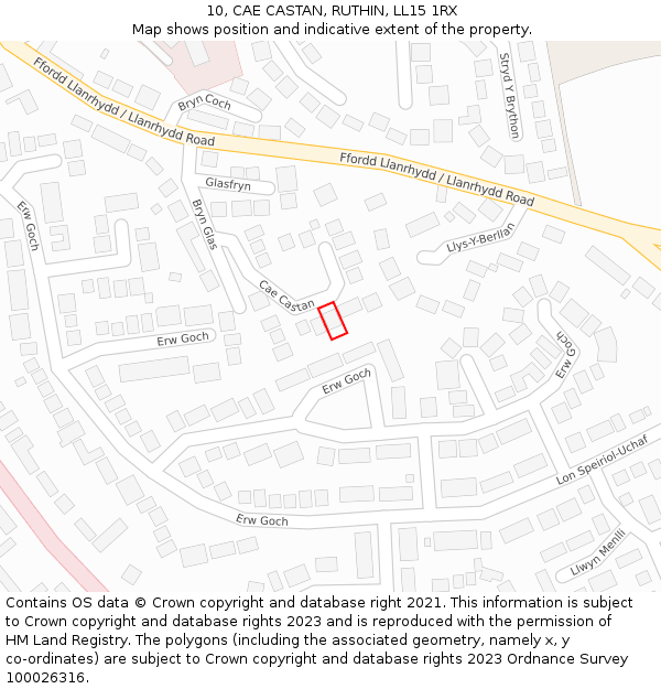 10, CAE CASTAN, RUTHIN, LL15 1RX: Location map and indicative extent of plot