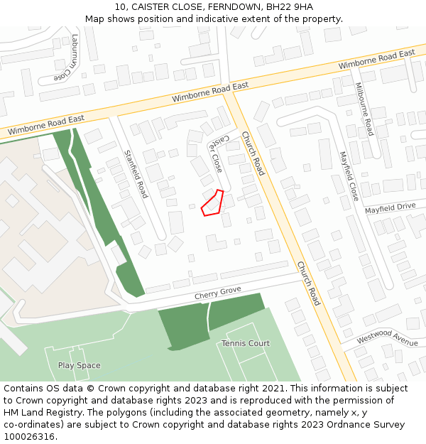 10, CAISTER CLOSE, FERNDOWN, BH22 9HA: Location map and indicative extent of plot