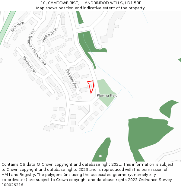 10, CAMDDWR RISE, LLANDRINDOD WELLS, LD1 5BF: Location map and indicative extent of plot