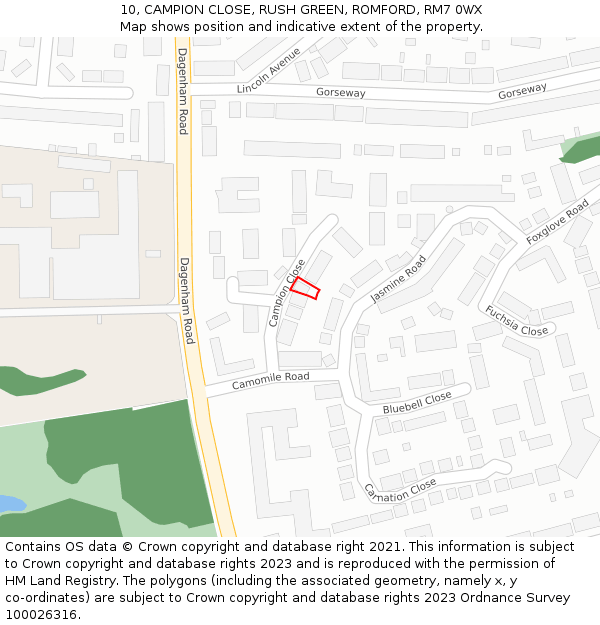 10, CAMPION CLOSE, RUSH GREEN, ROMFORD, RM7 0WX: Location map and indicative extent of plot