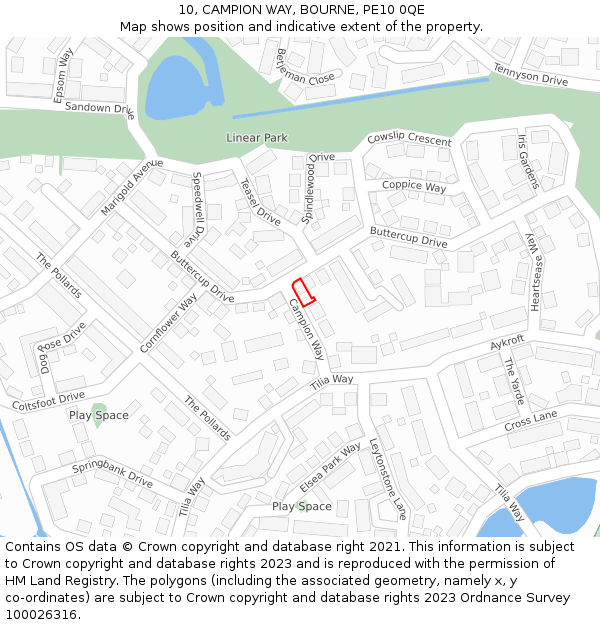 10, CAMPION WAY, BOURNE, PE10 0QE: Location map and indicative extent of plot