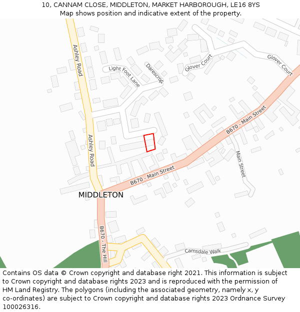 10, CANNAM CLOSE, MIDDLETON, MARKET HARBOROUGH, LE16 8YS: Location map and indicative extent of plot