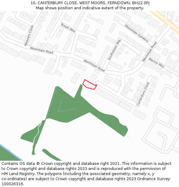 10, CANTERBURY CLOSE, WEST MOORS, FERNDOWN, BH22 0PJ: Location map and indicative extent of plot