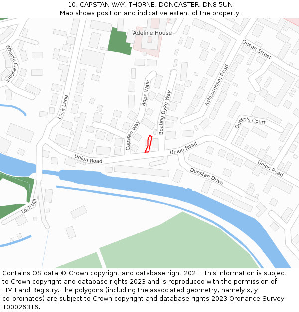 10, CAPSTAN WAY, THORNE, DONCASTER, DN8 5UN: Location map and indicative extent of plot