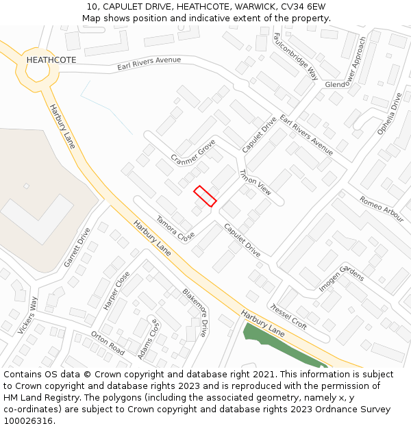 10, CAPULET DRIVE, HEATHCOTE, WARWICK, CV34 6EW: Location map and indicative extent of plot