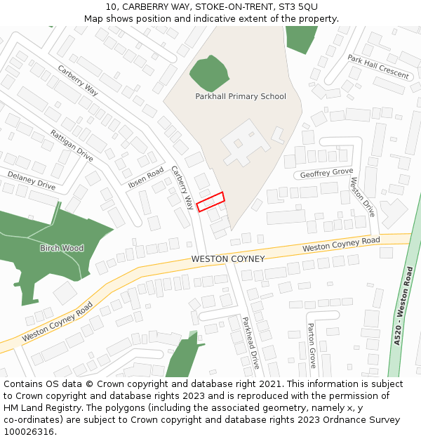 10, CARBERRY WAY, STOKE-ON-TRENT, ST3 5QU: Location map and indicative extent of plot