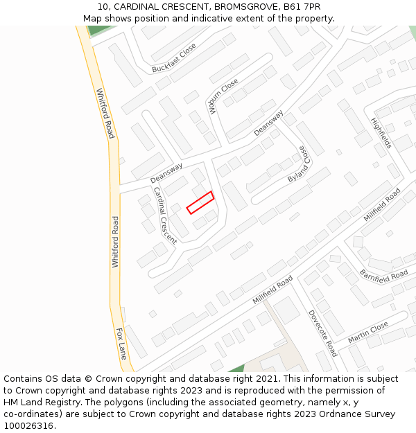 10, CARDINAL CRESCENT, BROMSGROVE, B61 7PR: Location map and indicative extent of plot