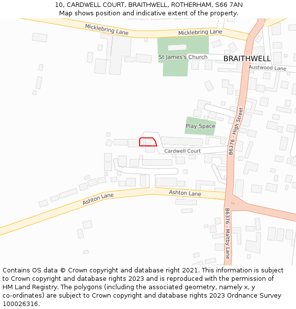 10, CARDWELL COURT, BRAITHWELL, ROTHERHAM, S66 7AN: Location map and indicative extent of plot