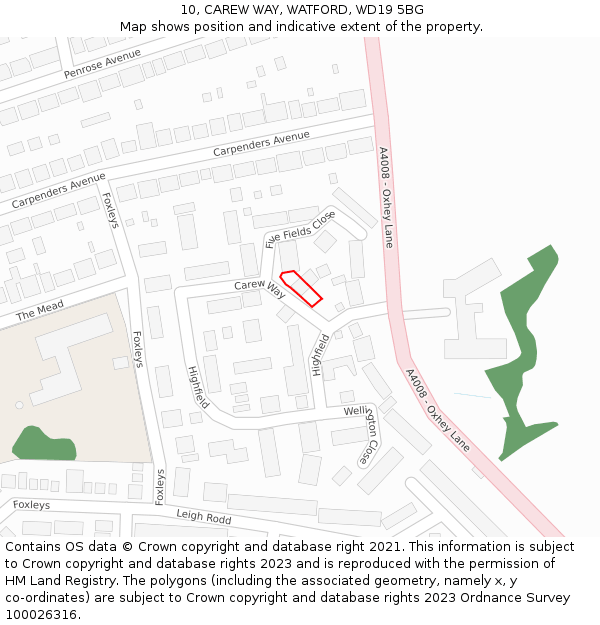 10, CAREW WAY, WATFORD, WD19 5BG: Location map and indicative extent of plot