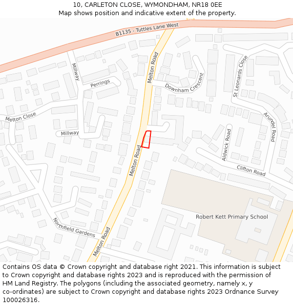 10, CARLETON CLOSE, WYMONDHAM, NR18 0EE: Location map and indicative extent of plot
