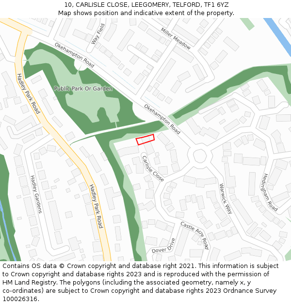 10, CARLISLE CLOSE, LEEGOMERY, TELFORD, TF1 6YZ: Location map and indicative extent of plot