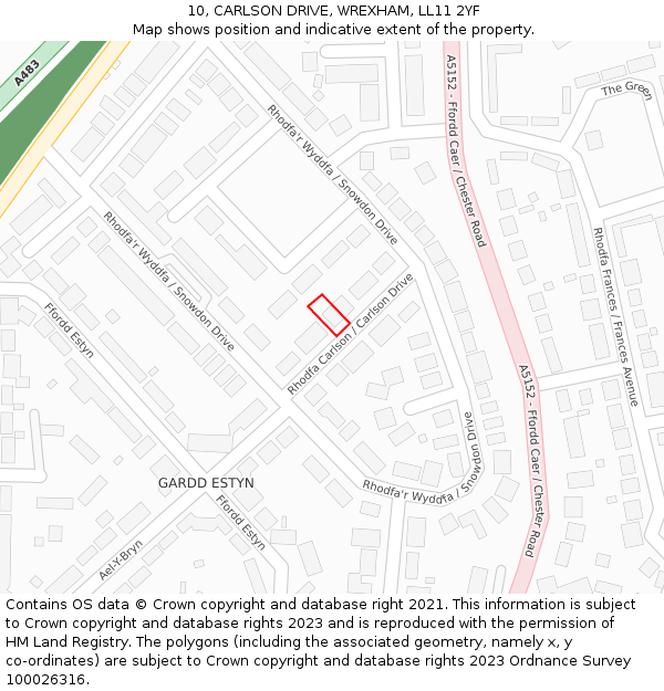 10, CARLSON DRIVE, WREXHAM, LL11 2YF: Location map and indicative extent of plot