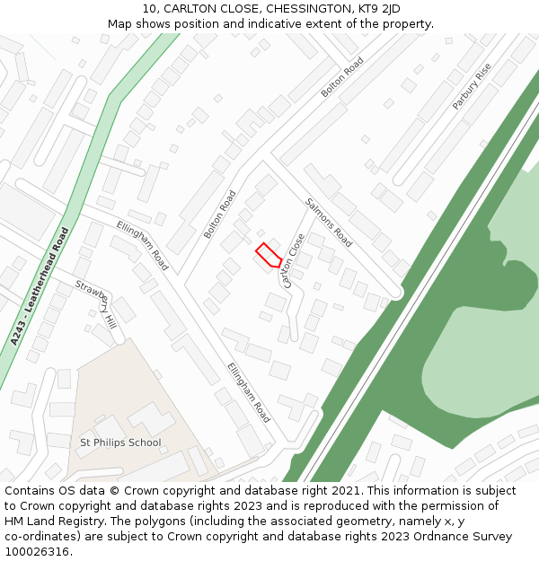 10, CARLTON CLOSE, CHESSINGTON, KT9 2JD: Location map and indicative extent of plot