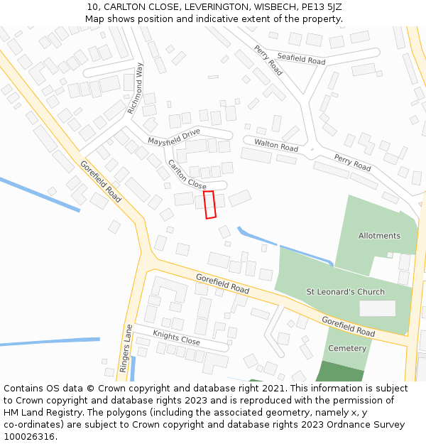 10, CARLTON CLOSE, LEVERINGTON, WISBECH, PE13 5JZ: Location map and indicative extent of plot