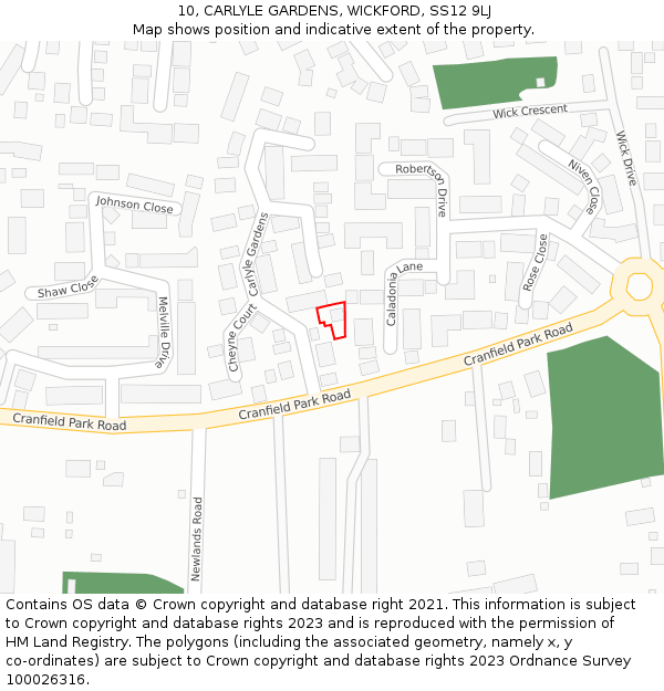 10, CARLYLE GARDENS, WICKFORD, SS12 9LJ: Location map and indicative extent of plot