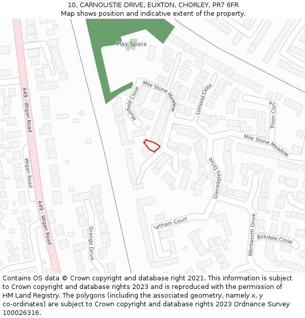 10, CARNOUSTIE DRIVE, EUXTON, CHORLEY, PR7 6FR: Location map and indicative extent of plot