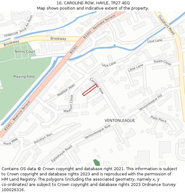 10, CAROLINE ROW, HAYLE, TR27 4EQ: Location map and indicative extent of plot