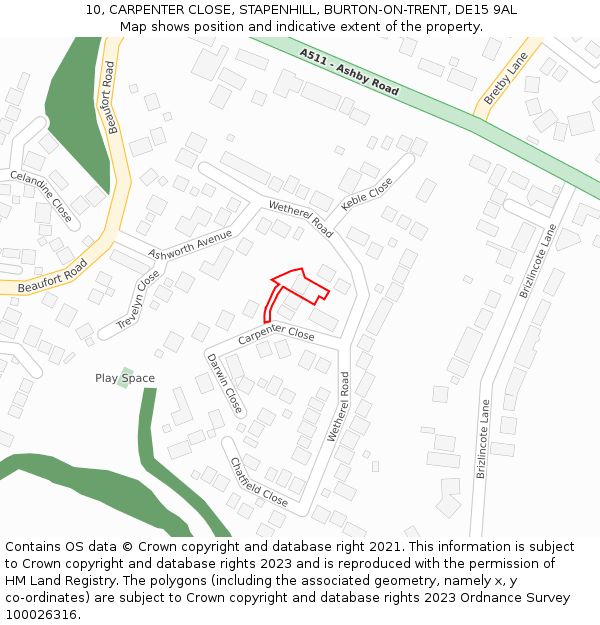 10, CARPENTER CLOSE, STAPENHILL, BURTON-ON-TRENT, DE15 9AL: Location map and indicative extent of plot