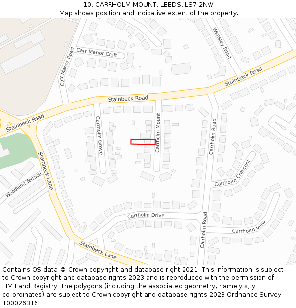 10, CARRHOLM MOUNT, LEEDS, LS7 2NW: Location map and indicative extent of plot