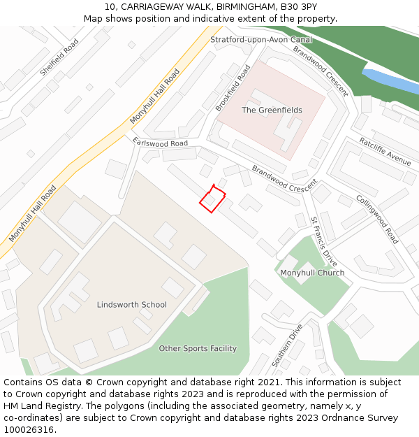 10, CARRIAGEWAY WALK, BIRMINGHAM, B30 3PY: Location map and indicative extent of plot