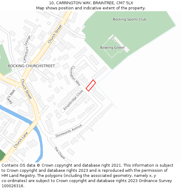 10, CARRINGTON WAY, BRAINTREE, CM7 5LX: Location map and indicative extent of plot