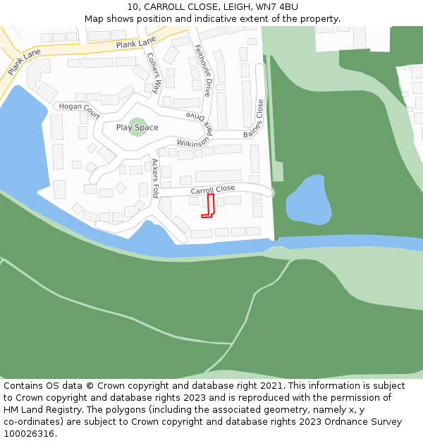 10, CARROLL CLOSE, LEIGH, WN7 4BU: Location map and indicative extent of plot
