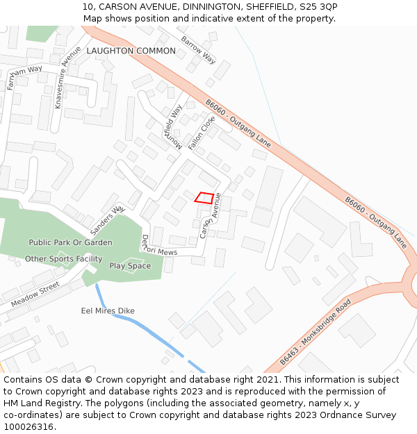 10, CARSON AVENUE, DINNINGTON, SHEFFIELD, S25 3QP: Location map and indicative extent of plot