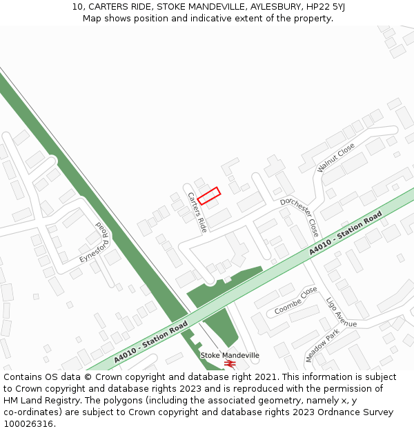 10, CARTERS RIDE, STOKE MANDEVILLE, AYLESBURY, HP22 5YJ: Location map and indicative extent of plot