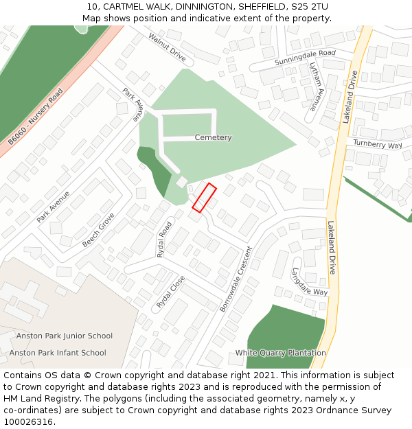 10, CARTMEL WALK, DINNINGTON, SHEFFIELD, S25 2TU: Location map and indicative extent of plot