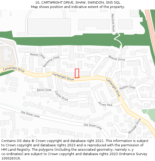 10, CARTWRIGHT DRIVE, SHAW, SWINDON, SN5 5QL: Location map and indicative extent of plot